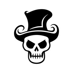 Skull in hat icon, scary Halloween logo, isolated on white background. Vector illustration, traditional Halloween decorative element. Tattoo design. Skull silhouette - for scary design or decor.