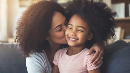 Mother and daughter share a joyful moment on a cozy couch in a warmly lit living room