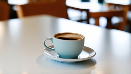 An inviting coffee cup sits on a white table with a blurred cafe background, creating a cozy and relaxing atmosphere