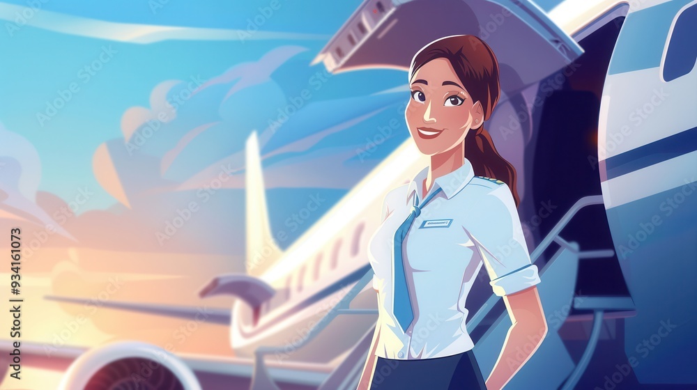 Poster a flight attendant stands at the jet's steps, smiling warmly as passengers prepare to board during a