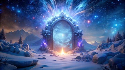 Obraz premium A magical portal in a snowy landscape, glowing under a star-filled sky, surrounded by snow-covered trees and distant mountains. Perfect for fantasy themes.
