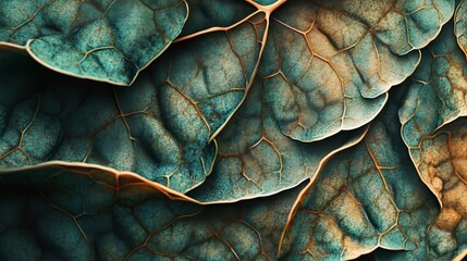 Obraz premium Intricate Veins of a Dried Leaf, Close-up Macro, Teal and Gold Hues, Nature's Patterns, texture , macro , nature