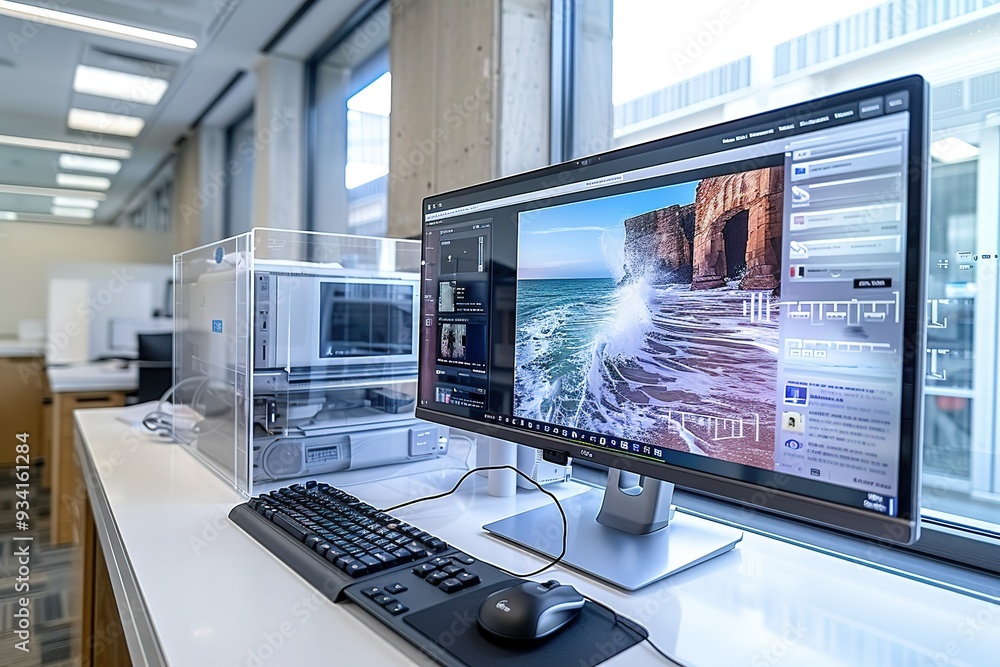 Poster a computer monitor is on a desk with a keyboard and mouse