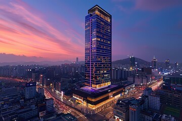 A city skyline with a tall building in the center