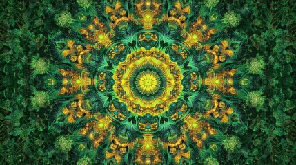 Obraz premium Kaleidoscopic Floral Pattern in Green and Yellow, Mandala, Abstract, Nature , Floral, Kaleidoscope