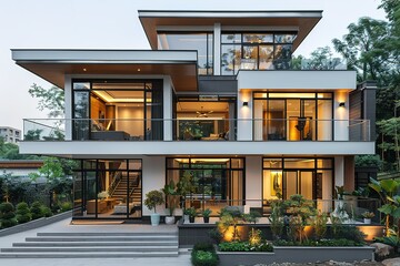 Fototapeta premium A large white house with a balcony and a garden