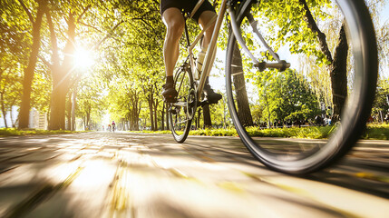 Naklejka premium a cyclist riding along a tree-lined path in an eco-friendly urban area