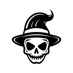Halloween silhouette black skull logo - for scary design or decor. Skull in hat silhouette, isolated on white background. Vector illustration, traditional Halloween decorative element. Tattoo design.