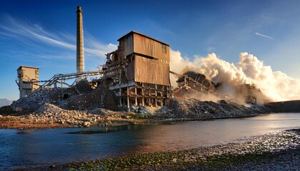 Industrial building being demolished at sunset with smoke billowing from the chimney