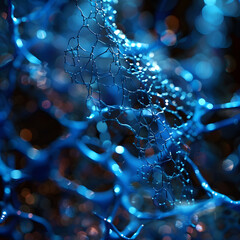 A close-up view of delicate blue bubbles interconnected by a glistening web-like structure, illuminated against a dark background in a mesmerizing display of light and texture