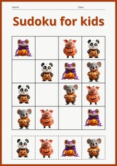 Fototapeta premium Halloween Sudoku game for kids with pictures. A task sheet for children.
