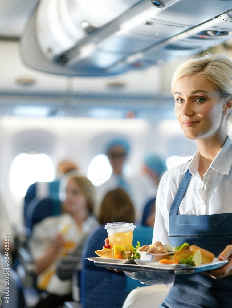 Poster a flight attendant offers refreshments and meals to passengers seated in an airplane cabin during a 
