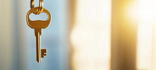 Close-up of a golden key hanging on the left side with a blurred background, creating an open door concept for real estate or apartment concepts