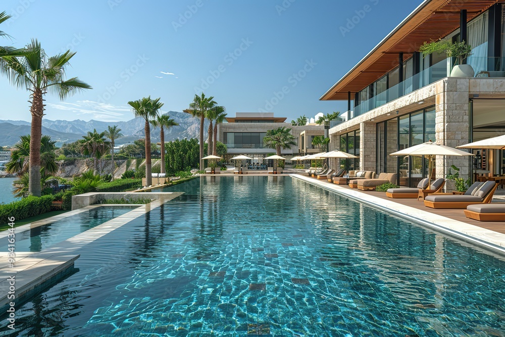 Poster a large pool with a long walkway and several umbrellas