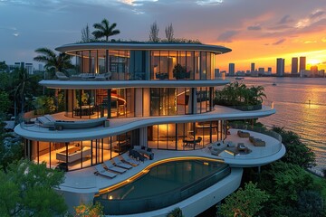 Fototapeta premium A large house with a pool and a view of the ocean