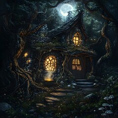 Enchanting Woodland Witch s Cottage with Glowing Mushrooms and Bubbling Cauldron in Mystic Moonlit