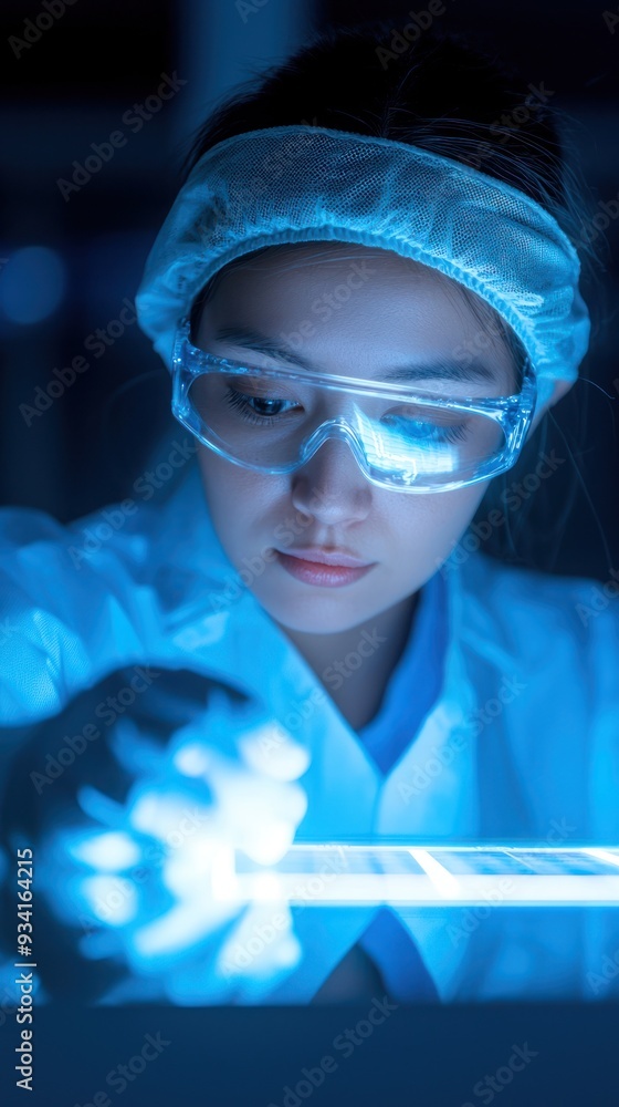 Poster focused scientist conducting a laboratory experiment with glowing materials, showcasing innovation a