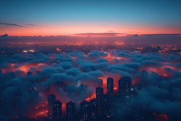 Obraz premium A city skyline is lit up at night with the sun setting in the background