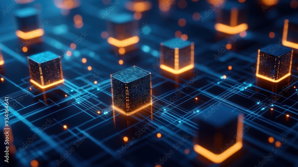 Poster futuristic digital landscape with glowing cubes and circuitry, representing advanced technology and 