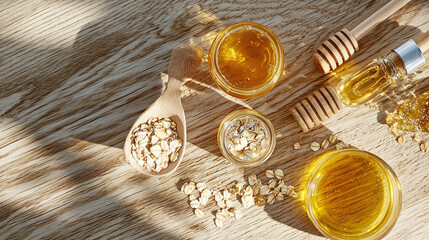 flat lay of various natural ingredients used in DIY facial products, such as honey, oats, and essential oils