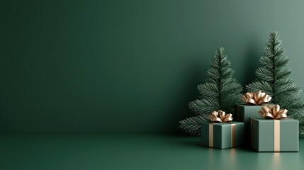Elegant Christmas setting with green presents and festive trees, perfect for holiday celebrations and seasonal decor.