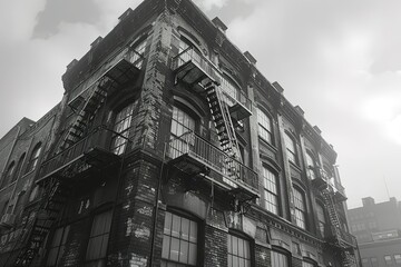 A black and white photo of a brick building with a fire escape