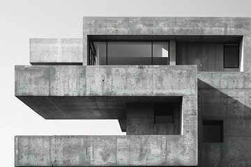 A large concrete building with a slanted roof and windows