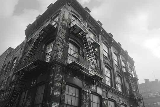 Fototapeta A black and white photo of a brick building with a fire escape