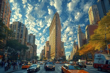 A busy city street with a large building in the background