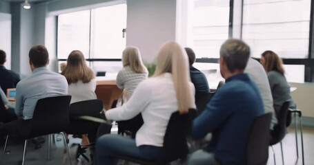 business training seminar education lecture staff meeting or workshop motion, abstract people group siting in auditorium learning listening to presentation - Powered by Adobe