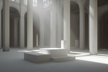 White Architectural Interior with Pillars and Light Beams
