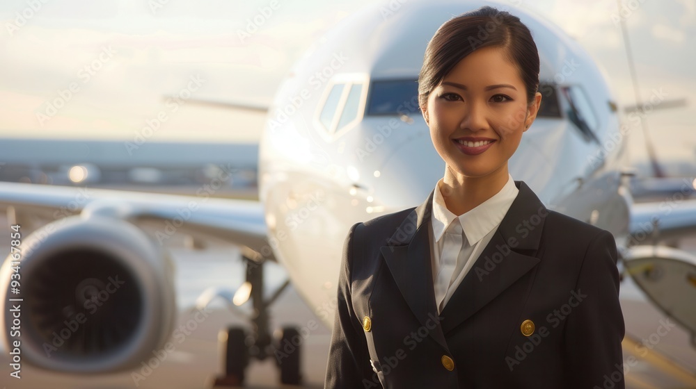 Poster a flight attendant smiles confidently while showcasing her uniform in front of a parked aircraft at 
