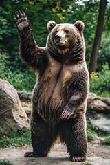 Fototapeta premium A big bear stands on its hind legs, giving a friendly wave with one of its large paws. Its expression is gentle and welcoming, as it greets with a warm, approachable demeanor