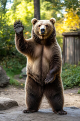 Obraz premium A big bear stands on its hind legs, giving a friendly wave with one of its large paws. Its expression is gentle and welcoming, as it greets with a warm, approachable demeanor