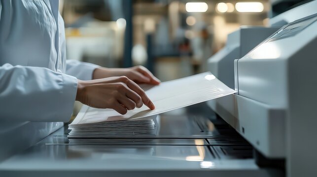 close-up of a person feeding a document into a laminating machine, showcasing the process of applying a protective plastic layer to preserve and enhance the durability of important papers