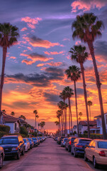 Obraz premium a California beach town, sunset, palm trees, cars parked on the street, houses, and colorful clouds in the sky.