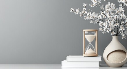Naklejka premium Elegant arrangement of dried flowers and hourglass on a calm gray background