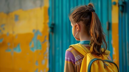 Naklejka premium Little Girl Going Back to School . Child wearing a backpack ready for the first day of kindergarten