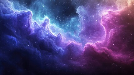 Abstract nebula waves in space, a dance of light and color with subtle gradients of purple, blue, and pink.