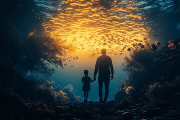 A parent and child walk hand in hand through a serene underwater landscape during sunset, surrounded by marine life and vibrant corals