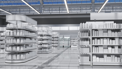 Supermarket aisle interior mockup with shelving, display of goods mockup and transparent roof overlooking the blue sky. 3d illustration