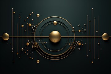 Abstract geometric pattern with golden spheres and lines on a dark green background.