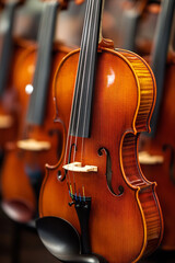 Fototapeta premium A collection of violins, each with a polished wooden finish, is elegantly displayed
