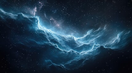 Naklejka premium Cosmic waves of nebulae, blending into the darkness of space, with shimmering stars scattered throughout.
