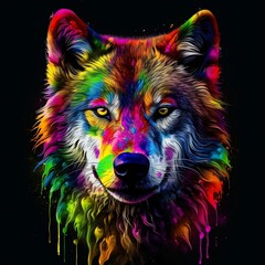 Naklejka premium Colorful watercolor wolf portrait with vibrant hues and intricate details against a black background
