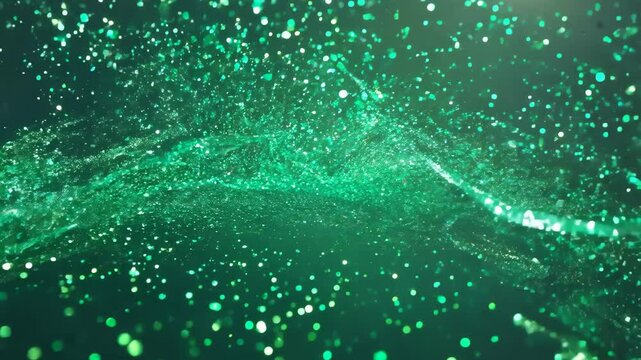 Emerald green holographic shiny particles flowing on the screen as a liquid glitter in slow mo at gold background. Perfect for birthday, Christmas or New year video or for any other greetings