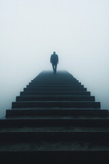A man ascends a set of stairs leading into the unknown, symbolizing a journey of discovery