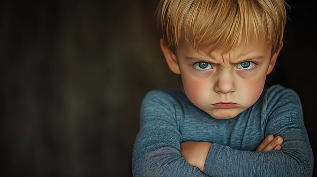 young child with arms crossed, a pouty face, and eyes glaring, expressing their displeasure with an adorable but intense scowl