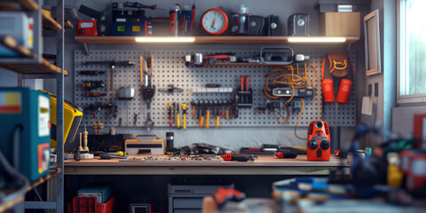 A workspace of an electrician, featuring a workbench with neatly arranged tools, and circuit board in progress,.