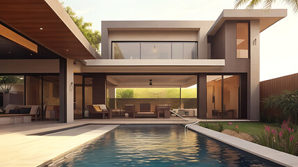 The window may be positioned to provide a view of the pool area, enhancing the space's openness and connection to the outdoors.